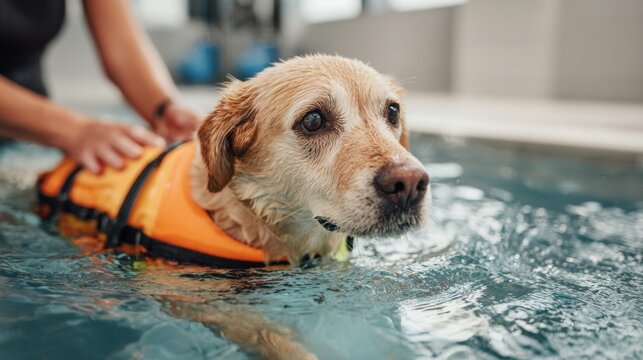 Dog in orange vest enjoying indoor hydrotherapy pool session for health
