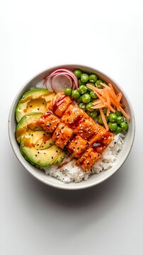 Healthy and Colorful Salmon Poke Bowl Food Photography. 