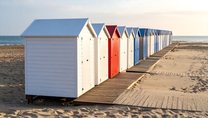 Naklejka premium Colorful beach huts on sandy shore (1)