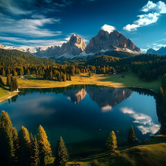 Aerial view of a serene lake surrounded by lush green trees and majestic mountains, peaceful nature landscape