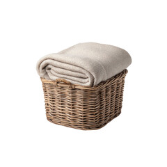 Obraz premium Soft Beige Knit Blanket Folded in a Wicker Basket