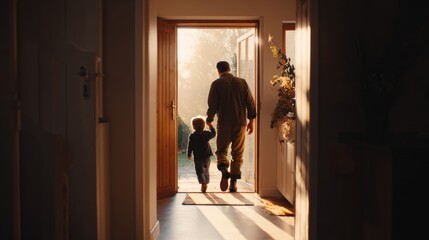 Father returning home embraced by child at doorway during sunset