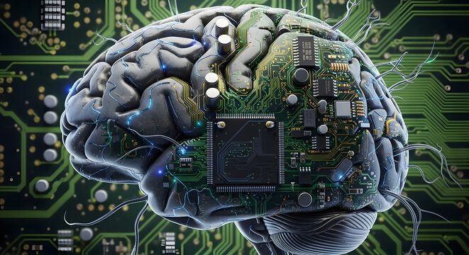 Integration of biological intelligence with artificial intelligence showcasing a fusion of brain-inspired circuitry and a tangible human brain representation enhancing cognitive capabilities and