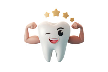 A Strong and Healthy Cartoon Tooth Character Flexing its Muscles isolated on white background , cutout