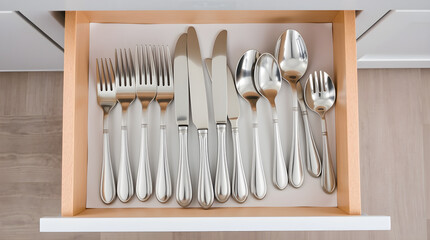 Silverware set organized in kitchen drawer: forks, knives, and spoons neatly arranged