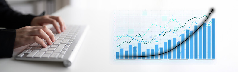 A business professional engaged in analyzing financial data trends on a computer, showcasing...