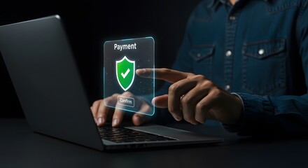Secure online payment concept with person confirming transaction