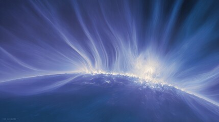 Naklejka premium A painterly solar corona explosion with rippling aurora energy cascading toward a small blue planet.