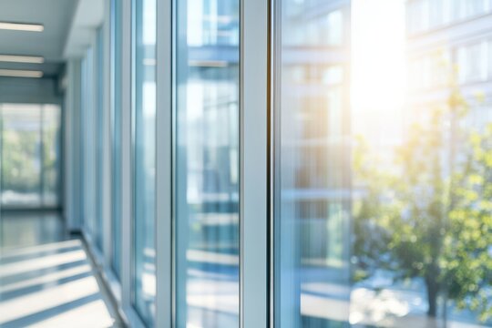 Sunlit Modern Office Interior with Glass Windows and Light Reflections Creates a Bright Ambience