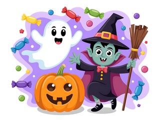 Obraz premium Cute halloween characters a cheerful ghost grinning pumpkin and a friendly witch with a broom amidst colorful candies white background