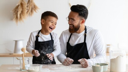 Father and son baking together in kitchen for family bonding