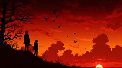 Obraz premium Silhouetted figure and child watching sunset, surrounded by flying birds, against a vibrant red-orange sky. Breathtaking evening moment