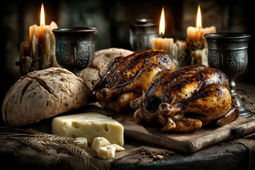 Hyper-realistic medieval banquet still life table with roasted birds bread cheese and candlelight