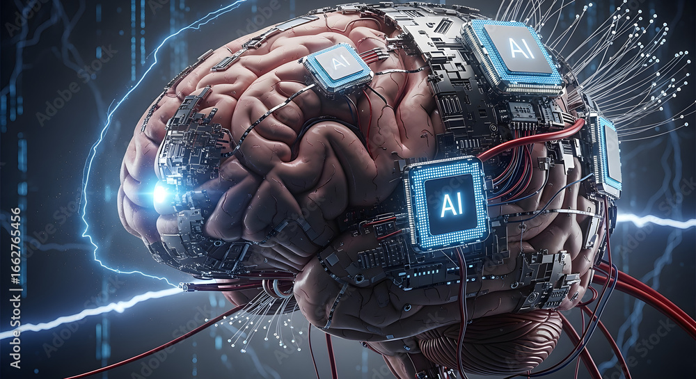 Poster futuristic neural network visualization: a digital brain augmented with artificial intelligence show