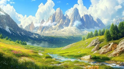 Fototapeta premium Mountain valley, lush greenery, clear stream