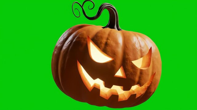 Animated halloween pumpkin rotating on green screen with spooky glowing jack o lantern