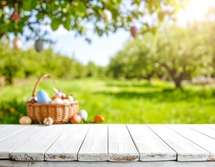 Spring Easter scene on a white wooden table