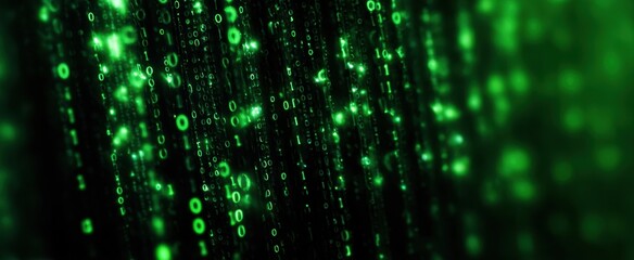 The glowing binary code in a digital green background effect.