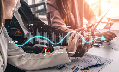 Economic caution visual showing risk alerts and financial volatility. Warning signs highlight...
