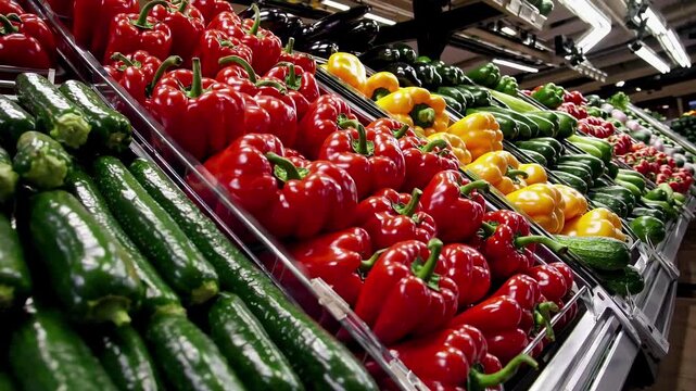 Wide-angle shot of vibrant peppers and zucchinis in a grocery aisle, capturing a fresh produce display. Ideal for a market or shopping video.