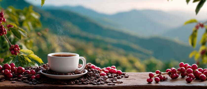 The steaming cup of coffee with scenic mountain background and fresh berries.
