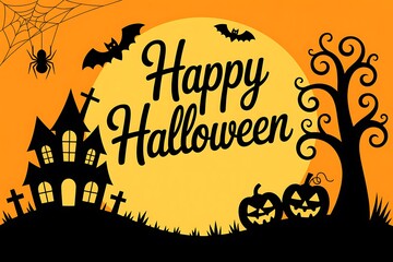 Spooky halloween scene with haunted house full moon bats and pumpkins