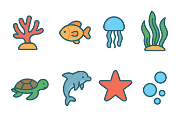 Fototapeta premium Underwater Creature Icons. Flat vector mini-illustrations underwater conservation in colors children's