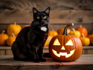 Black cat with glowing jack o lantern and pumpkins for halloween