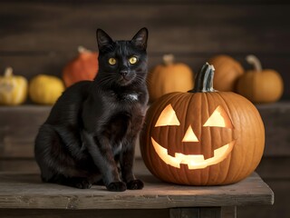 Black cat sits next to a glowing carved halloween pumpkin