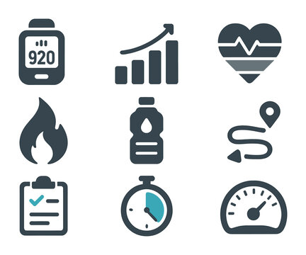 Fitness Icon Set. Flat icon set of fitness tracking tools: pedometer, step graph, heart rate zone, calorie