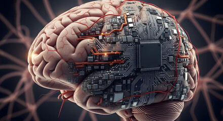 Conceptual depiction of human brain intertwined with electronic circuit components, symbolizing the interface between biological intelligence and artificial intelligence, exploring the fusion of