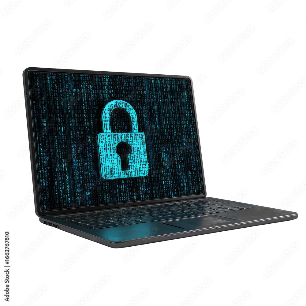 Poster laptop screen displaying a security lock, digital code
