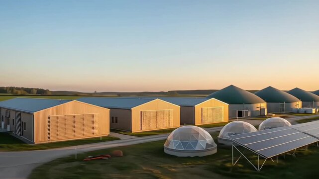 A modern biogas plant featuring digesters and solar panels, a concept of sustainable renewable energy production at sunset