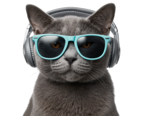 Cool cat with sunglasses headphones music pet animal gray fur isolated stylish modern fun playful confident expression