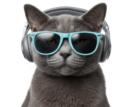 Cool cat with sunglasses headphones music pet animal gray fur isolated stylish modern fun playful confident expression