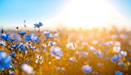 A field of small, light blue flowers bathed in warm sunlight