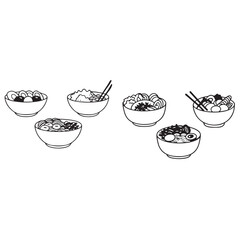 poke bowl collection. Salmon, cucumber, tomato, egg, shrimp, and other vector silhouette
