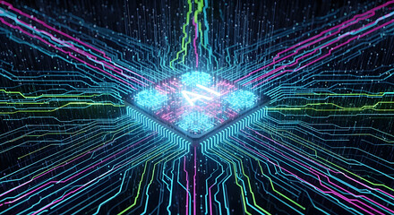 Illuminating the digital frontier an exploration of interconnectedness and artificial intelligence as vibrant lines converge toward a central processing unit radiating innovation and technological