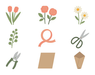 Floral Flat Lay Icons. Flat icon set of floral flat lay: fresh tulips, roses, daisies, eucalyptus, ribbon,