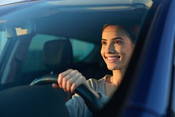 Obraz premium Smiling woman driving a car with hands on the steering wheel looking out the windshield