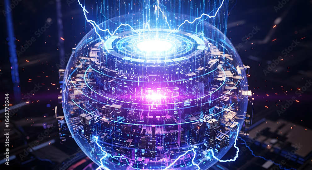 Poster futuristic power core: a 3d rendering of a spherical energy generator, emitting lightning and bright