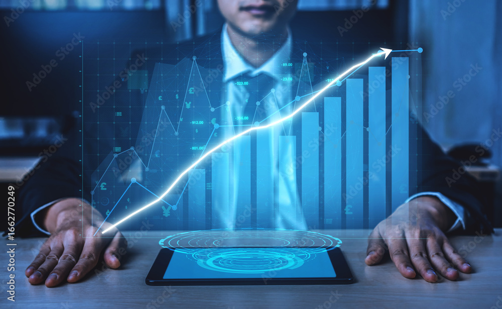 Poster a businessman is analyzing data trends using a tablet in a modern office. digital graphs and charts 