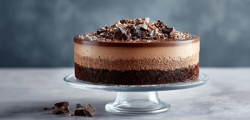 A decadent chocolate mousse cake with layers of rich mousse and chocolate shavings, served on a glass cake stand