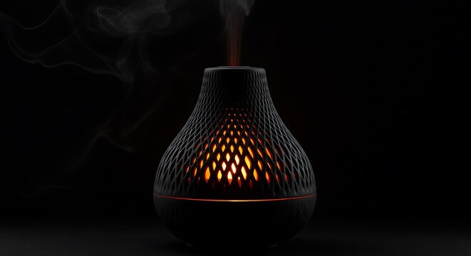 Elegant dark gray essential oil diffuser with warm light.