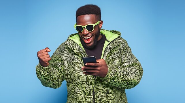 A stylish black guy with a green and black jacket, cool sunglasses, and a smile on his face is clutching his phone excitedly. - Powered by Adobe