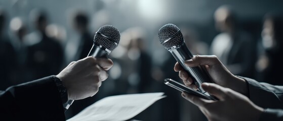 The microphones poised for an engaging conversation in a vibrant event setting.
