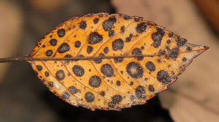 Detailed Closeup of Autumn Leaf with Dark Spots and Texture