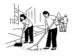 Dedicated team cleaning city streets with brooms for a cleaner community initiative