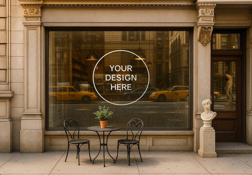 Elegant Storefront Window Logo Mockup with Urban and Classical Elements
