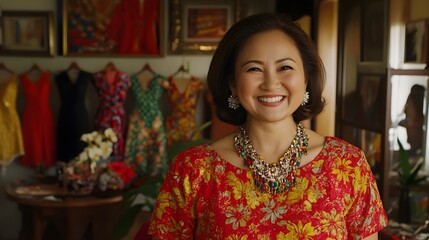 Smiling Woman in Red Floral Dress, Vintage Fashion Studio